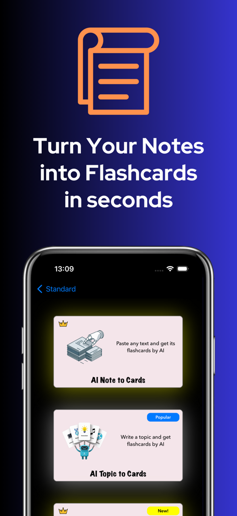 Recollio: AI Flash Cards Maker - Recollio app interface displaying options to turn notes and topics into flashcards using AI.