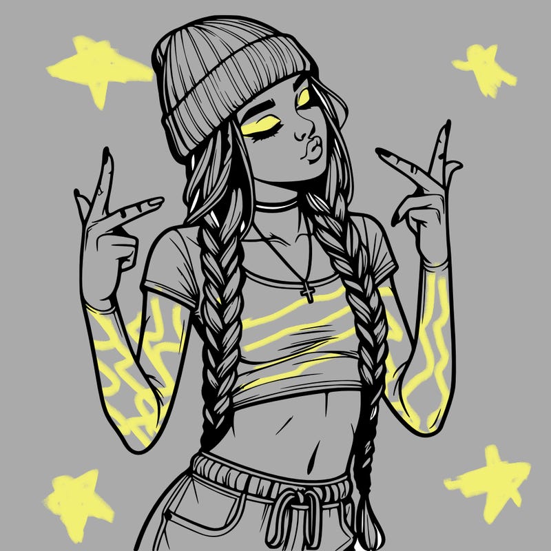 realistic teenage girl with braids and a beanie and crop top doing 🫶🏼