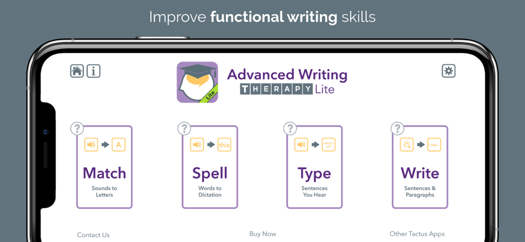 Menu principal de l'application Advanced Writing Therapy Lite montrant quatre catégories d'exercices : Associer, Orthographier, Taper et Écrire pour améliorer les compétences en écriture.