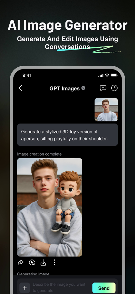 VioAI: Video & Image Maker - VioAIアプリインターフェース。チャットプロンプトを通じてAI画像生成デモンストレーションを行い、人物の様式化された3Dおもちゃアバターを作成しています。