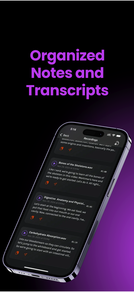 MedXcribe - MedXcribe App-Oberfläche auf einem iPhone, die eine Liste organisierter medizinischer Aufnahmen und Transkripte, einschließlich Anatomie- und Physiologie-Notizen, anzeigt.