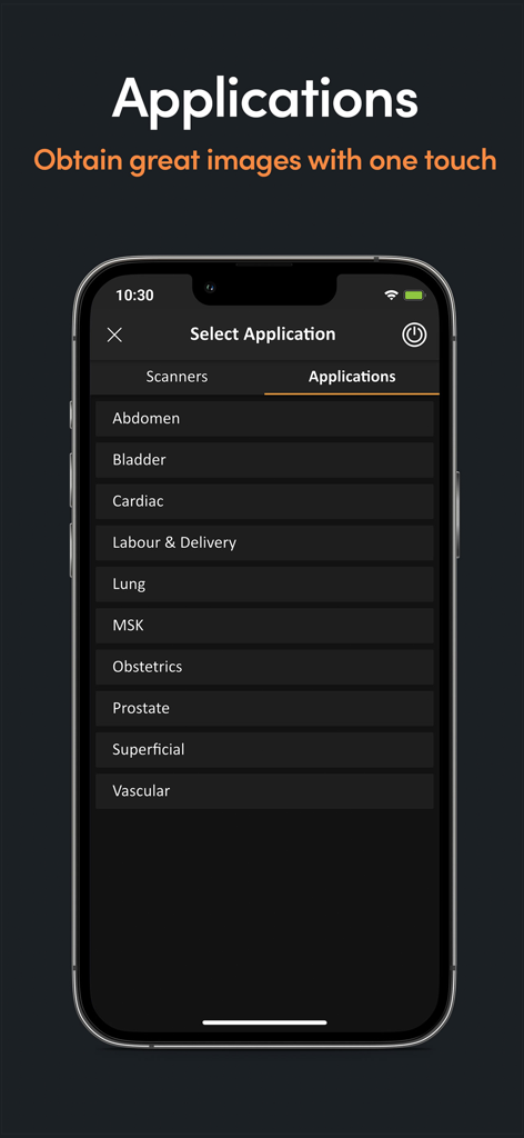 Une interface mobile pour l'application Clarius Ultrasound montrant une liste d'applications d'examen médical comprenant la cardiologie, la pneumologie et l'obstétrique.