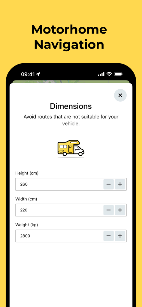 Campy app screen for entering motorhome height width and weight for safe navigation