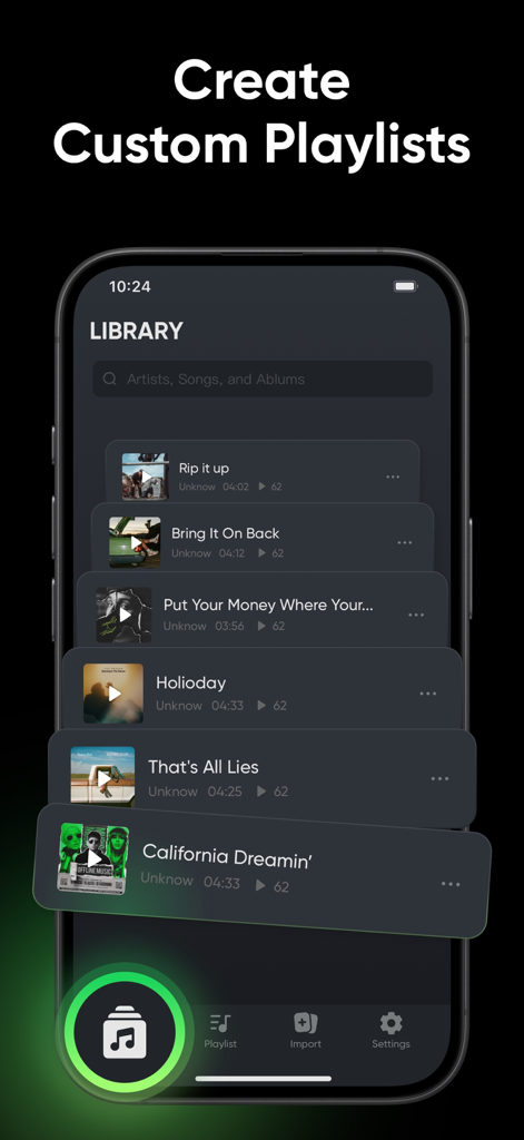 Offline Music Player - MP3, EQ - Offline Music Player app interface showing a list of songs in the library and custom playlist features