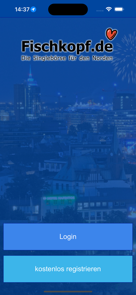 Fischkopf.de dating app login screen with a northern German city background.