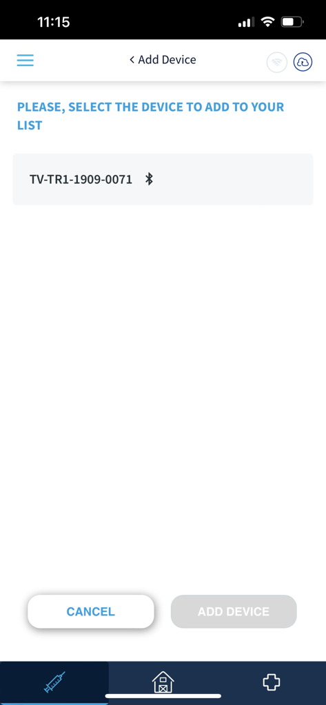 Interface for adding and pairing a Bluetooth device in the Farm Data Manager app