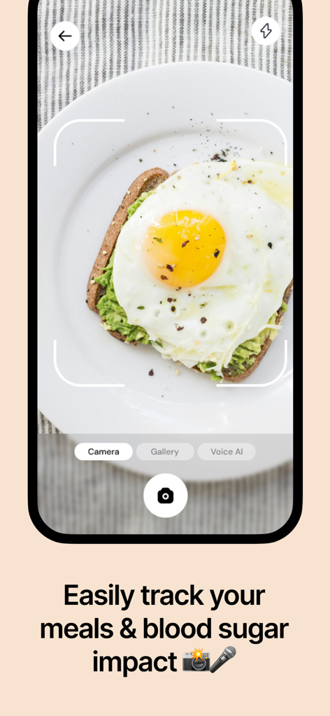 Helsa: Metabolic Health Coach - Helsa app interface for tracking meals and blood sugar impact using an AI camera.