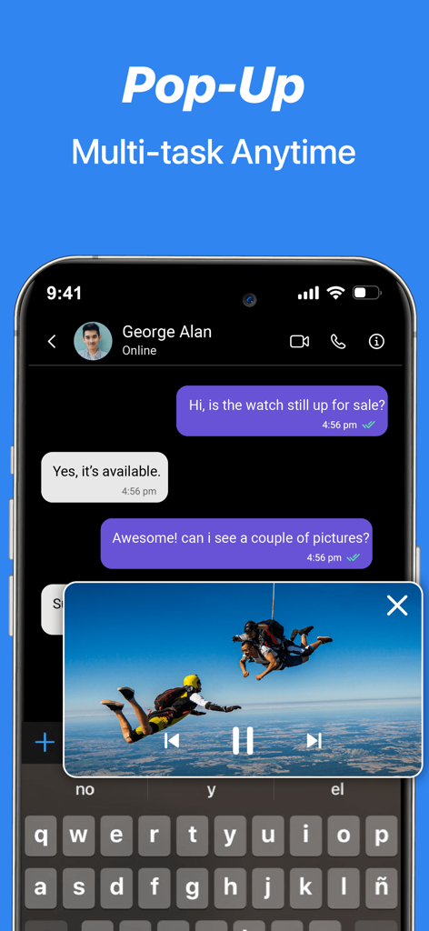 Video Player - Media Player HD - 모바일 채팅 중 멀티태스킹을 위해 팝업 동영상 플레이어를 시연하는 VidInsight 앱.