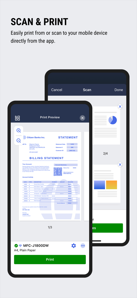 Brother Mobile Connect app showing scan and print preview screens on a mobile device