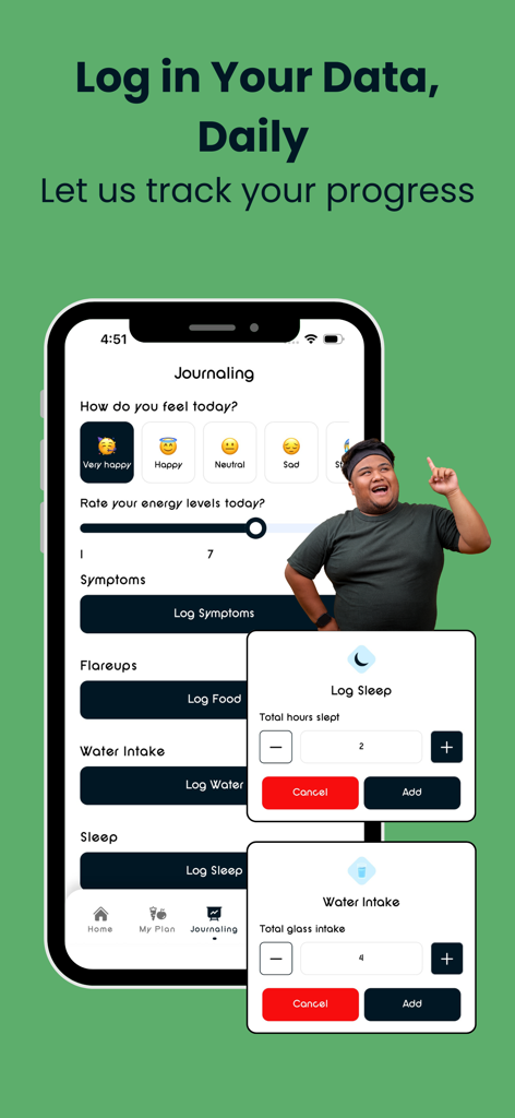 NM: AI Meal Planner & Wellness - Journaling screen in the NM app for logging mood energy sleep and water intake