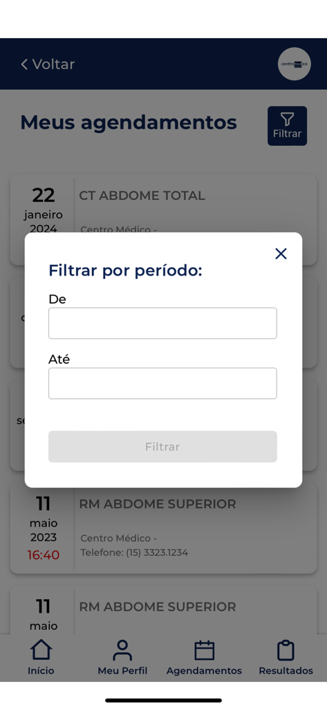 Centro Médico Sorocaba - Popup de filtro de intervalo de datas na tela de agendamentos do aplicativo móvel Centro Médico Sorocaba