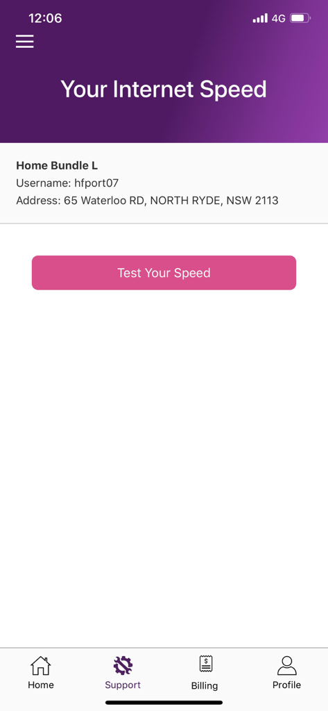 My TPG App Internet-Geschwindigkeitstest-Bildschirm