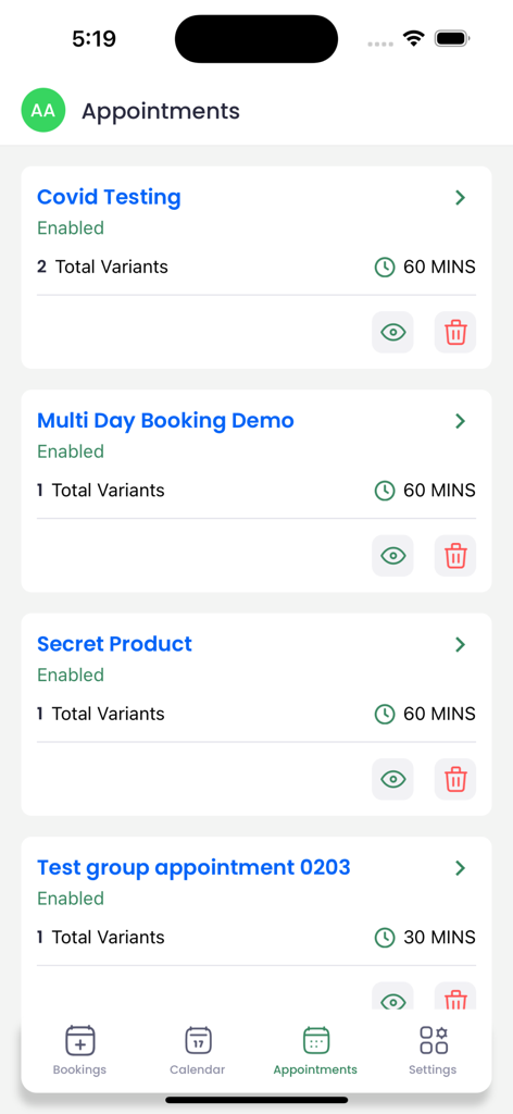 Appointment Booking - Appointo - Dashboard view of the Appointo app showing a list of enabled appointment types like covid testing and group bookings.