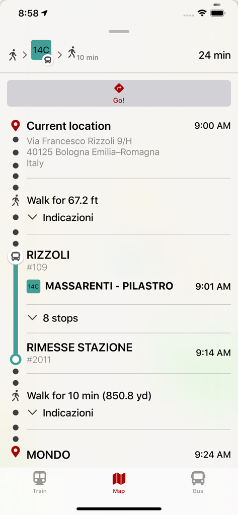WeBus - Bologna & Ferrara - WeBus app navigation screen showing a bus route from Rizzoli to Mondo in Bologna