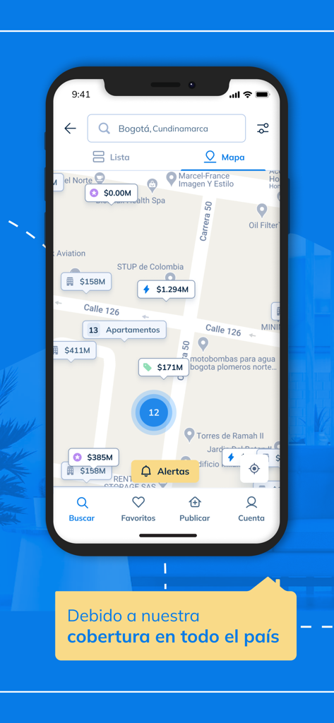 Map view in the Finca Raiz app showing real estate property prices in Bogota Colombia