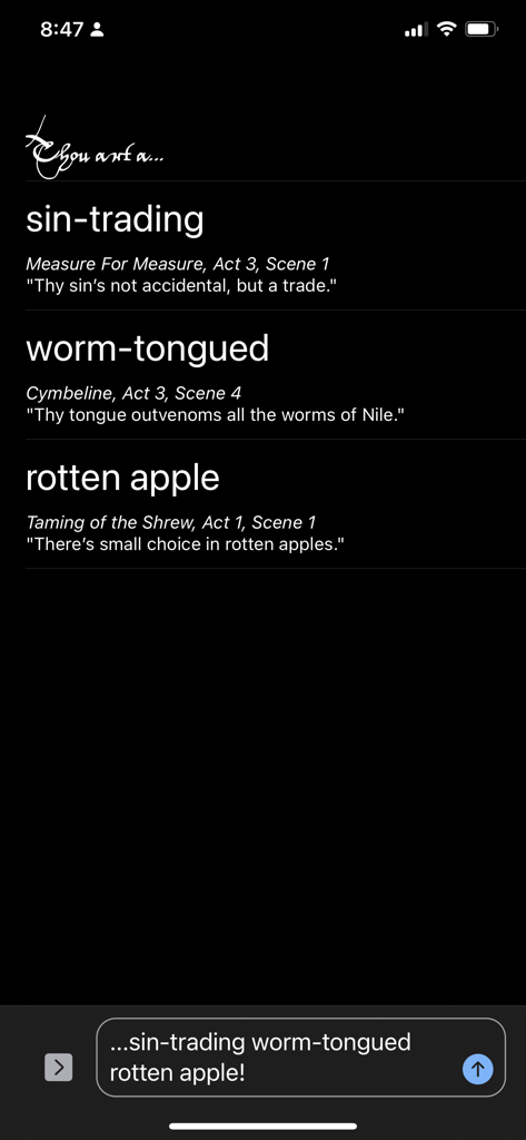 Shaky Shake - A list of Shakespearean insults and their literary origins in the Shaky Shake app interface