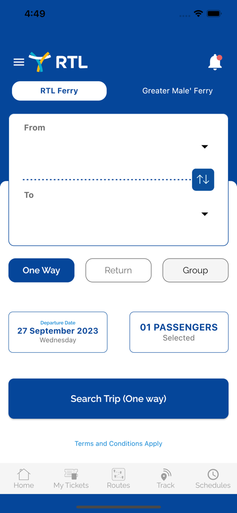 RTL Travel App - Écran d'accueil de l'application RTL Travel pour réserver des trajets en ferry aux Maldives, y compris des options de recherche de destinations et de dates de voyage