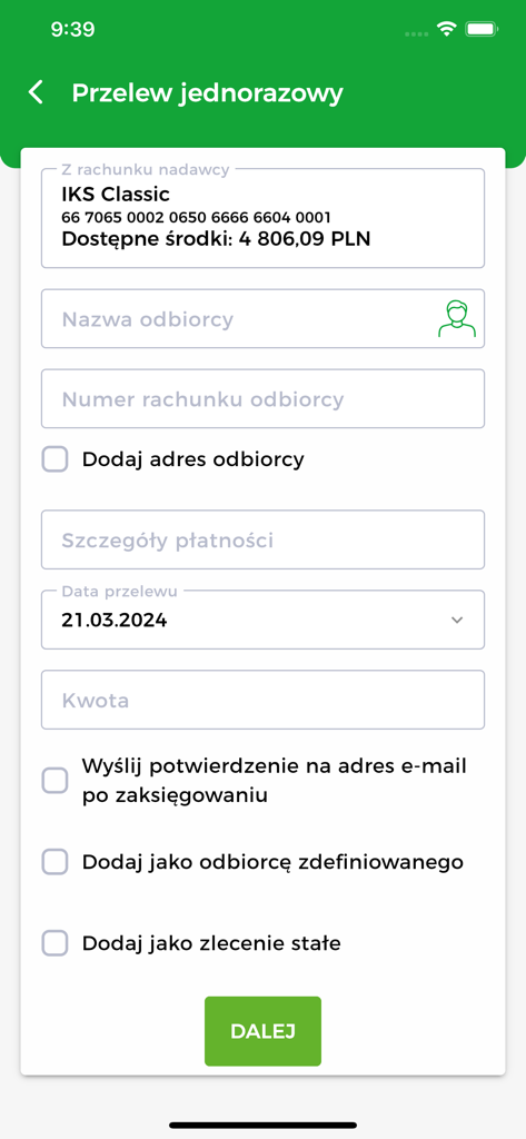 Kasa Stefczyka Online - Interface of the Kasa Stefczyka Online mobile app showing a one-time bank transfer form with account details and recipient fields.
