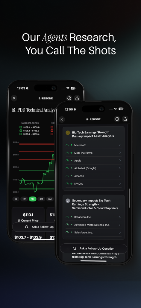 Barebone - AI Finance Research - Interface of the Barebone AI app showing technical stock analysis and earnings impact insights