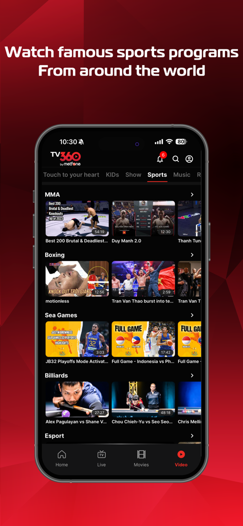 TV360 app interface displaying a variety of international and local sports programs including MMA and Sea Games