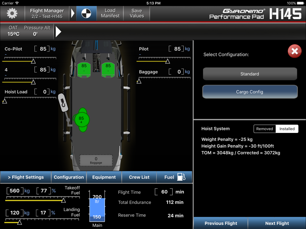 Gyronimo Flight Pad app interface showing weight and balance calculations for an Airbus H145 helicopter