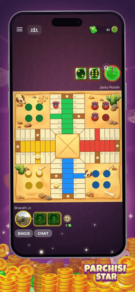 Jugabilidad del juego de mesa Parchís multijugador en línea en un teléfono móvil mostrando fichas y dados.