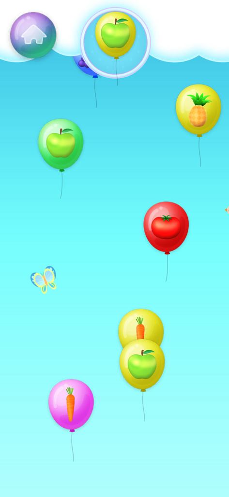 Balloons pop - Toys - Una colorida pantalla de juego con globos flotantes que contienen imágenes de comida como manzanas y tomates