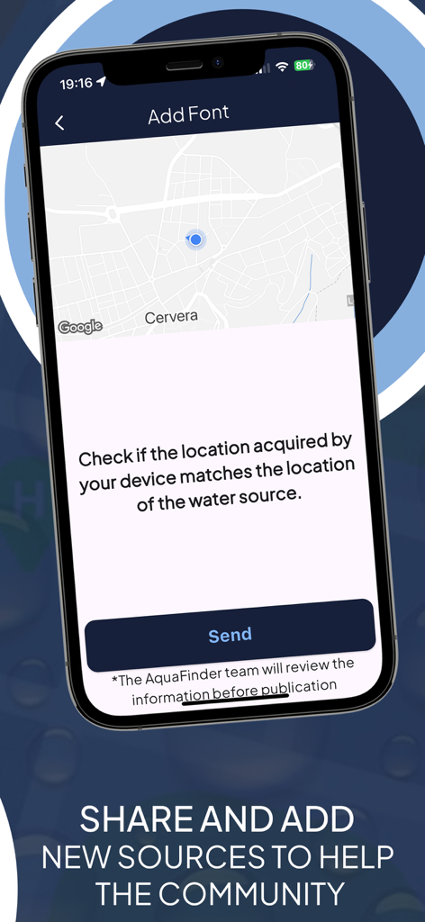 AquaFinder - Oberfläche der AquaFinder App, die zeigt, wie Benutzer neue Trinkwasserquellen hinzufügen und mit der Community auf einer Karte teilen können.