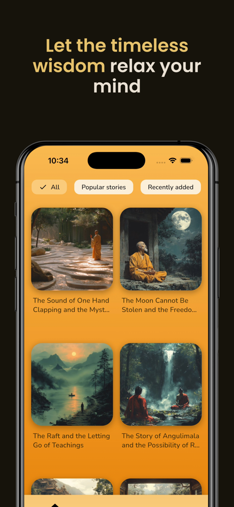 Sutara: Buddhist Stories - Interfaccia dell'app Sutara: Storie Buddiste che visualizza una collezione di saggezza buddista narrata con illustrazioni artistiche