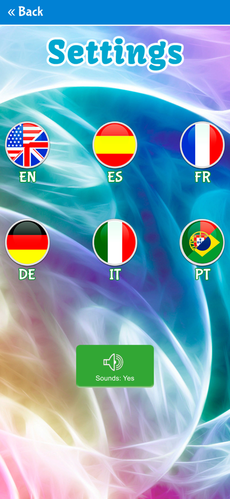 Cute Monsters Matching Game - Settings menu of the Cute Monsters Matching Game showing language options for English, Spanish, French, German, Italian, and Portuguese with a sound toggle button