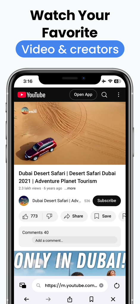 iPhone screenshot of YouPIP app playing a YouTube video about a Dubai Desert Safari
