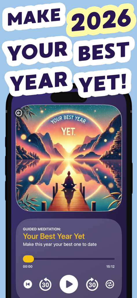 引き寄せの法則ツールボックスアプリのガイド付き瞑想画面。穏やかな風景と、成功した一年を引き寄せるためのタイマーが表示されています。