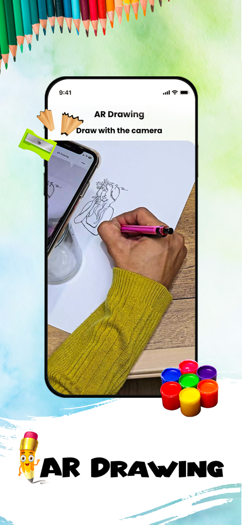 A person using the AR Drawing app on a smartphone to trace an artistic sketch onto a physical piece of paper.