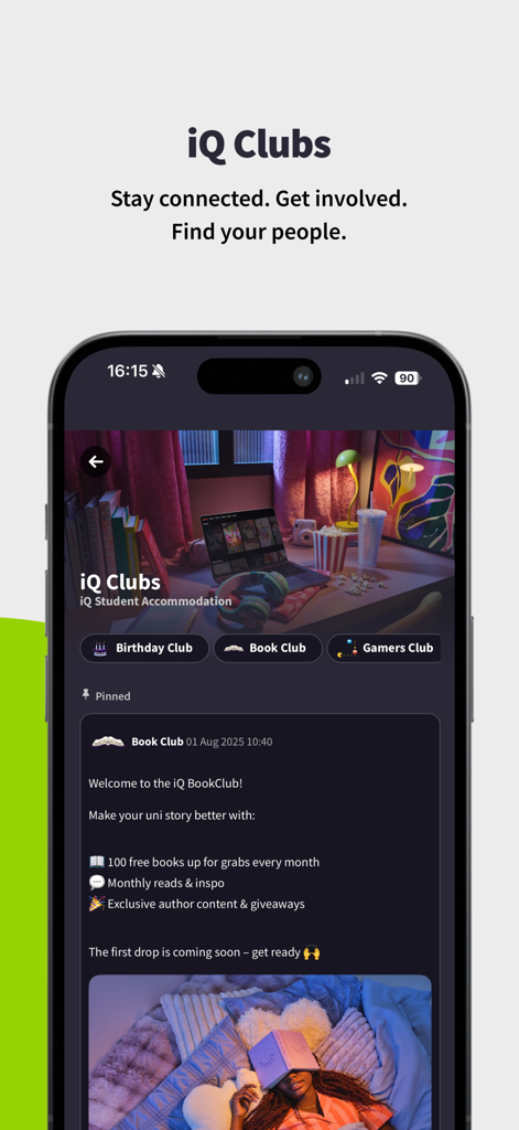 iQ Student Accommodation - iQ Clubs interface in the iQ Student Accommodation app showing social groups for book club and gamers