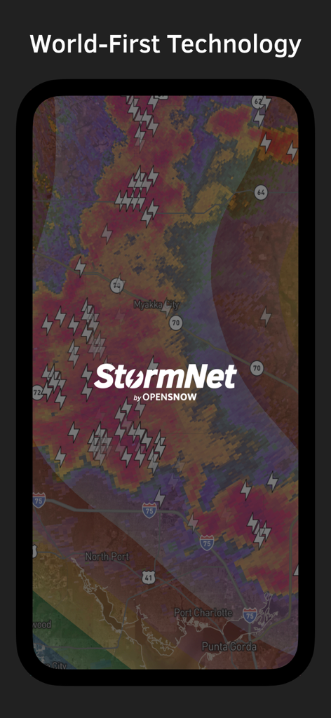 StormNet app interface displaying high-resolution radar with lightning strike icons over a map