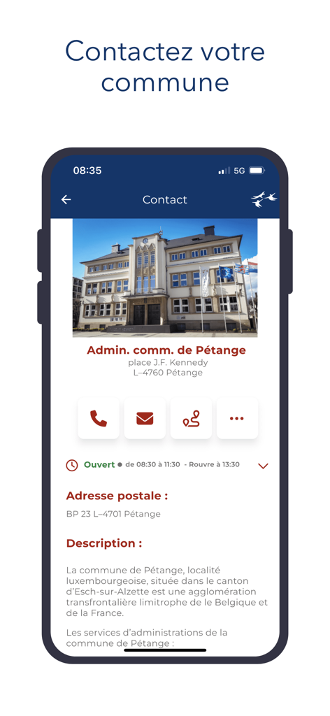 Pétange - Contact screen of the Petange mobile app showing municipal administration details