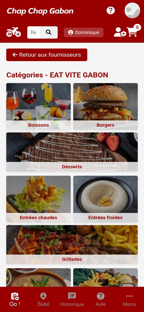 Chap Chap Gabon - Interfaz de la aplicación Chap Chap Gabon mostrando categorías de entrega de comida como hamburguesas, bebidas y postres