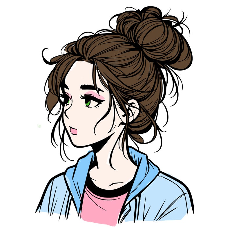 realistic teenage girl with a messy bun