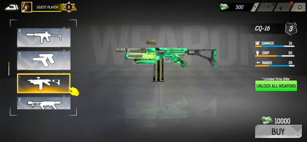 Sniper 3d: Gun Shooting Game - Weapon selection menu in Sniper 3D featuring a CQ-16 rifle with a custom green camo skin.