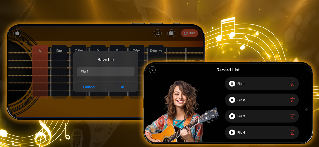 GuitarBase: Play, Learn Guitar - Captura de pantalla de la aplicación GuitarBase que muestra una lista de grabaciones y la opción de guardar archivo para sesiones de guitarra virtual.