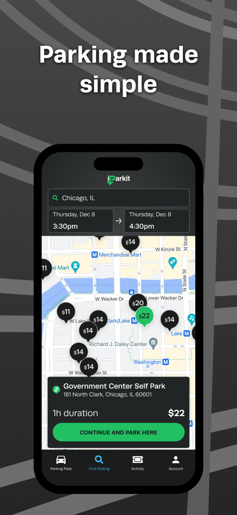 iParkit Garage Parking - 사용 가능한 주차장 위치와 가격이 표시된 시카고 지도를 보여주는 iParkit 모바일 앱