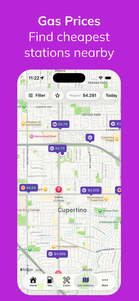 Fuelio - Gas Log & Mileage - Map interface in Fuelio app showing nearby gas stations with crowdsourced fuel prices