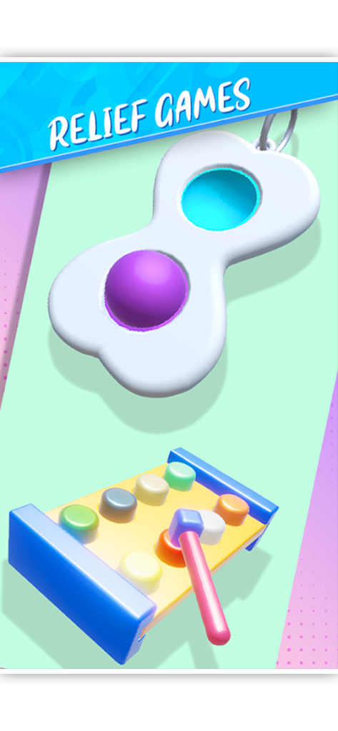 Una pantalla de la aplicación Soap Cutting ASMR que muestra juegos para aliviar el estrés, incluyendo un juguete tipo fidget popper y un juego colorido de estilo whack-a-mole.
