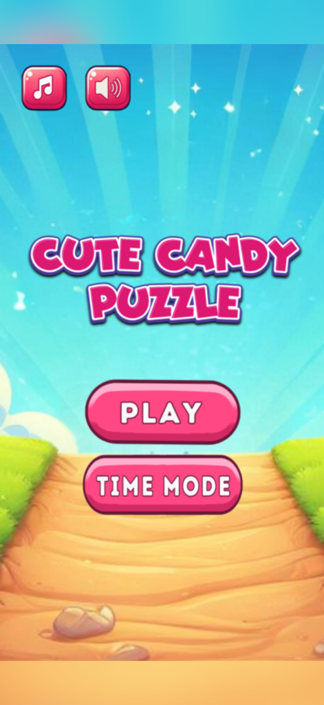 Cute Candy Puzzle - かわいいキャンディパズルのメインメニュー画面。太陽の光が降り注ぐ風景の上に、プレイボタンとタイムモードボタンが表示されています。