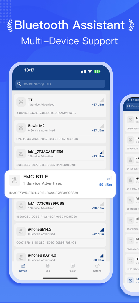 BluetoothAssistant - 신호 강도 데이터가 포함된 여러 검색된 블루투스 장치를 표시하는 BluetoothAssistant 앱 화면.