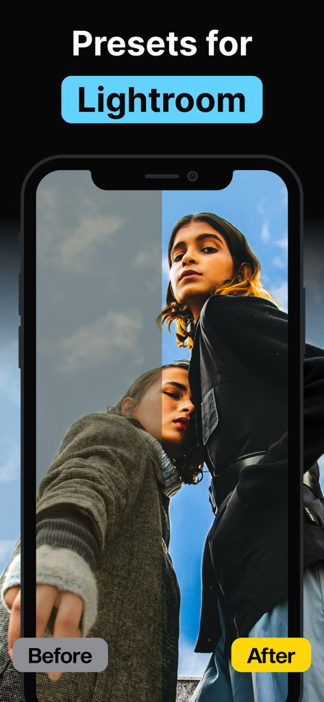 Presets for Lightroom Editor - Lightroomプリセットを使用した写真編集の結果を示す、編集前後の分割画面