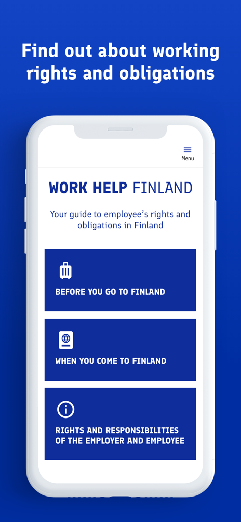 Work Help Finland - Schermata principale dell'app Aiuto Lavoro Finlandia che mostra le categorie per i diritti e i doveri dei dipendenti