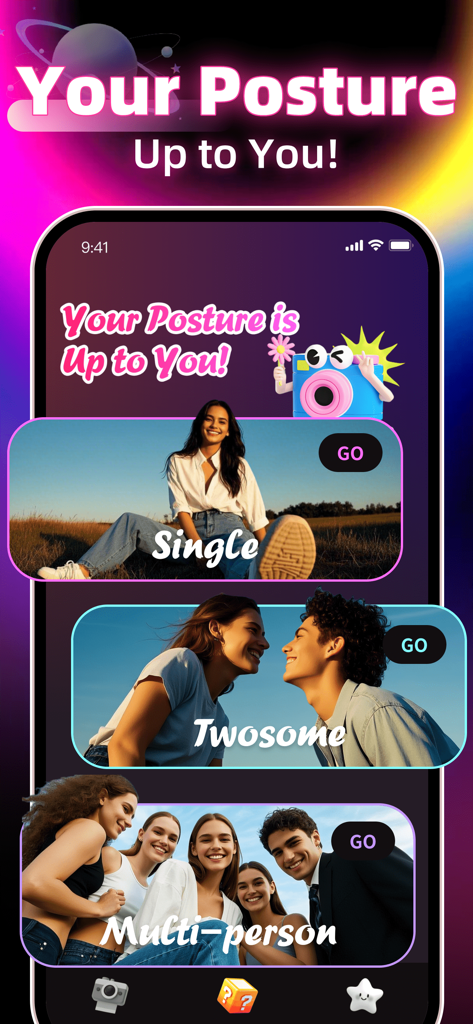 Video Chat，Connect，Share：Olphy - Olphy app interface featuring video chat options for single users, pairs, and multi-person groups.