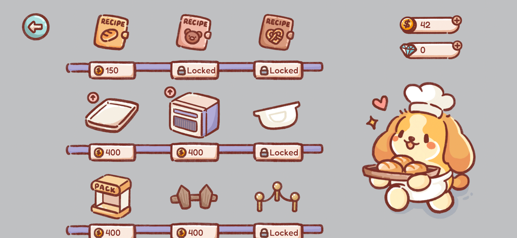 Oishii - Cooking Journey - Oishii Cooking Journey Shop-Oberfläche, die Rezept- und Küchengeräte-Upgrades mit einem niedlichen Hundekoch zeigt