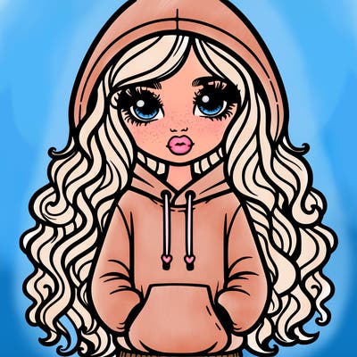 only one teenage girl with long curled hair and over sized hoodie standing short eyelashes and lips